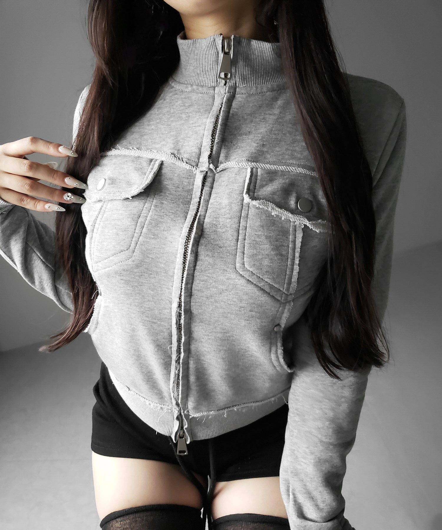 ダブルジップアウトポケット裏毛スリムジャケット ／ Double-zip outer pocket sweat slim jacket