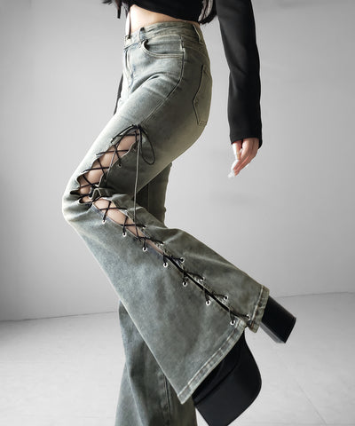 レースアップカットアウトストレッチフレアデニム ／ lace up cutout stretch flare denim