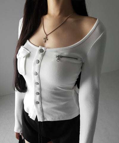 アウトポケットスクエアネック長袖スリムTシャツ ／Out pocket square neck long sleeve slim T-shirt