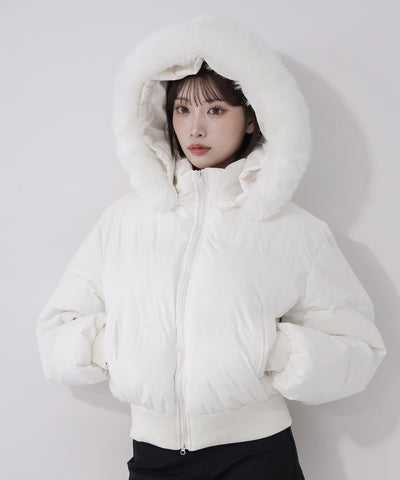 【 フード取り外し可能２ＷＡＹ 】フェイクファーフードショート中綿ジャケット ／ 2WAY fake fur hoodie short fake down jacket