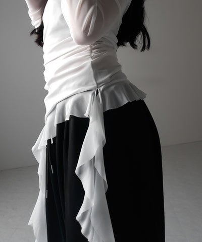 【 ２color 】アシンメトリーフリルオフショルシアートップス ／ asymmetrical frill off-shoulder sheer tops