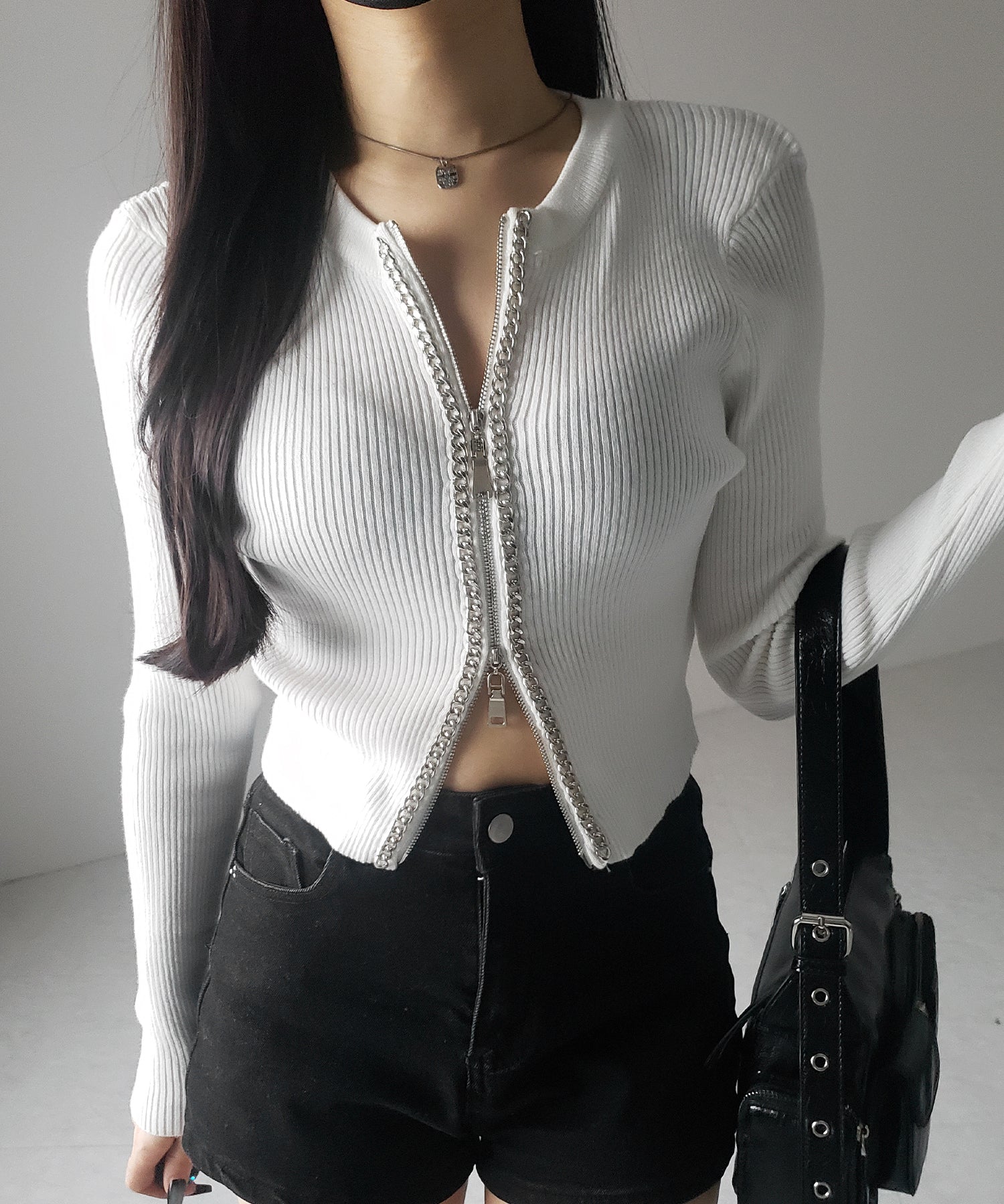 【 ２color 】ダブルジップフロントチェーンリブニットカーディガン ／ double zip front chain rib knit cardigan