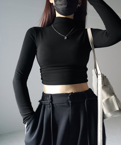 【 カップ付き ／ 裏起毛 】プチハイネックシャーリングショートカットソートップス