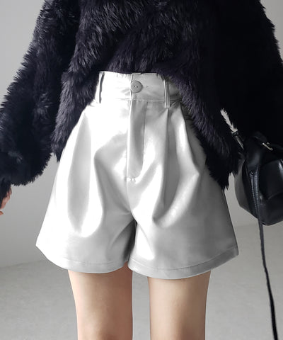 【 3color ／ ５size 】太ベルトハイウエストタックレザーショートパンツ