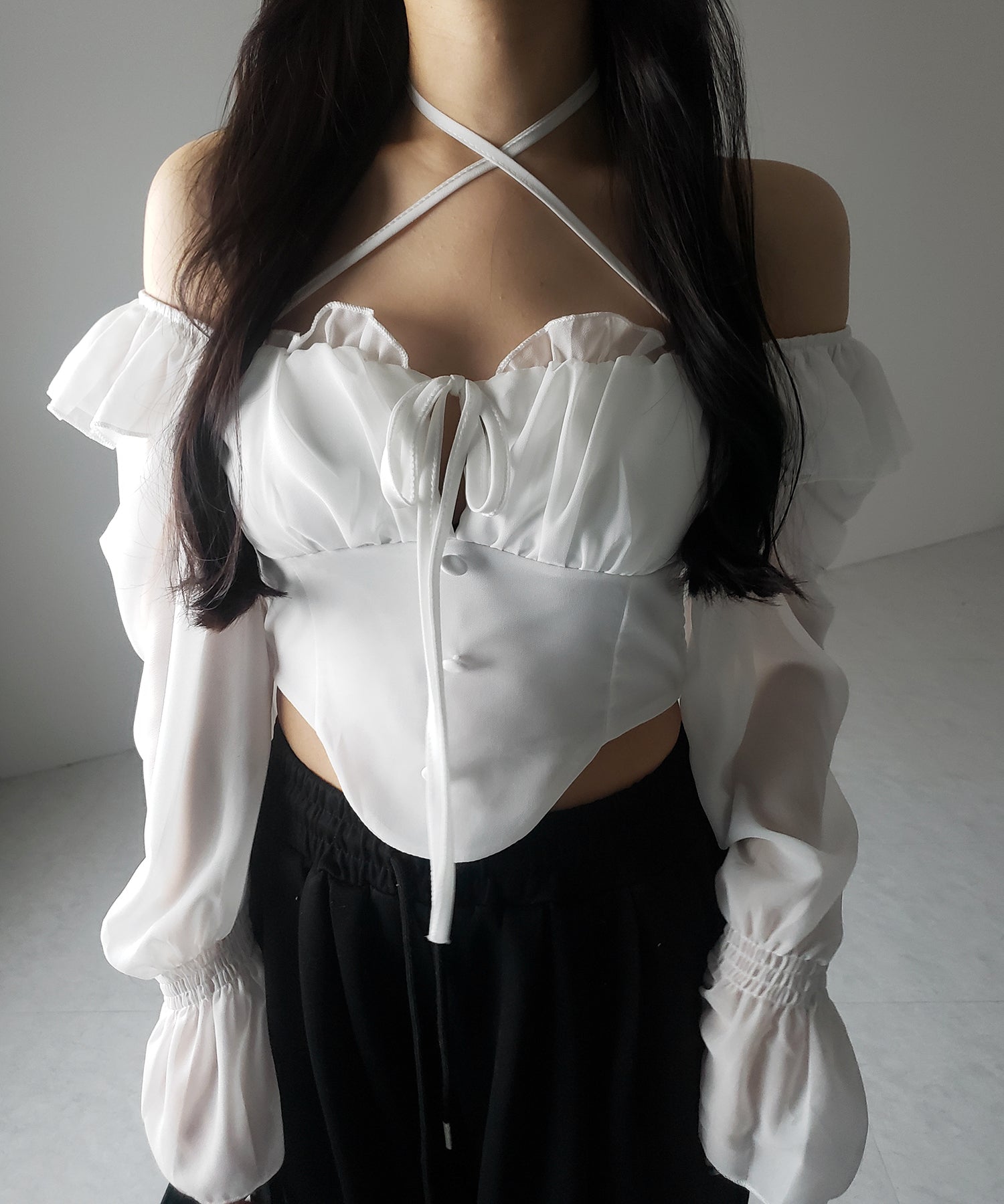 【 ２color ／ ２WAY 】フロントリボンクロスネックオフショルシフォンブラウス ／ front ribbon cross neck off-shoulder chiffon blouse