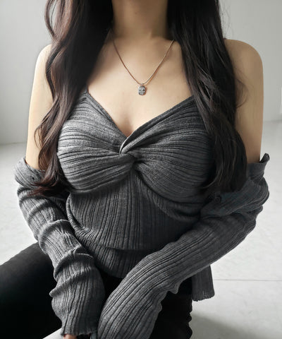 【 2点セット 】ツイストリブニットキャミソール ＋シアーリブショートカーディガン SET ／ twisted rib knit camisole + sheer rib short cardigan SET