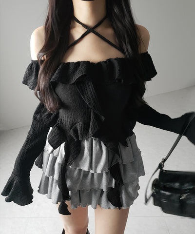 【 ２color 】クロスストラップリボンオフショルダーフリルブラウス ／ cross strap ribbon off shoulder frill blouse