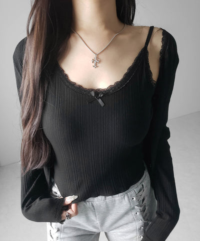 【 ２点セット 】フロントリボンレース切替リブキャミソール ＋ カーディガンセット ／front ribbon lace lib camisole + cardigan SET