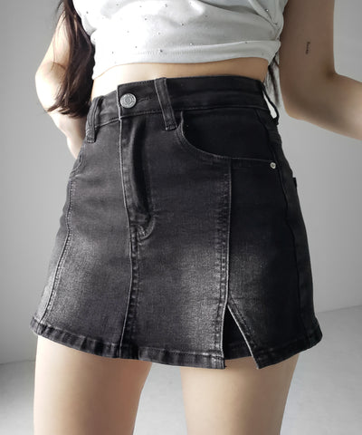 ミニスリットストレッチレイヤードデニムミニスカパン ／ mini slit stretch layered denim mini skirt pants