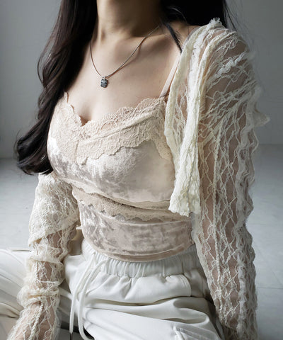 【 カップ付き 】ダブルレースベロアショートビスチェキャミソール ／ double lace velor short bustier camisole