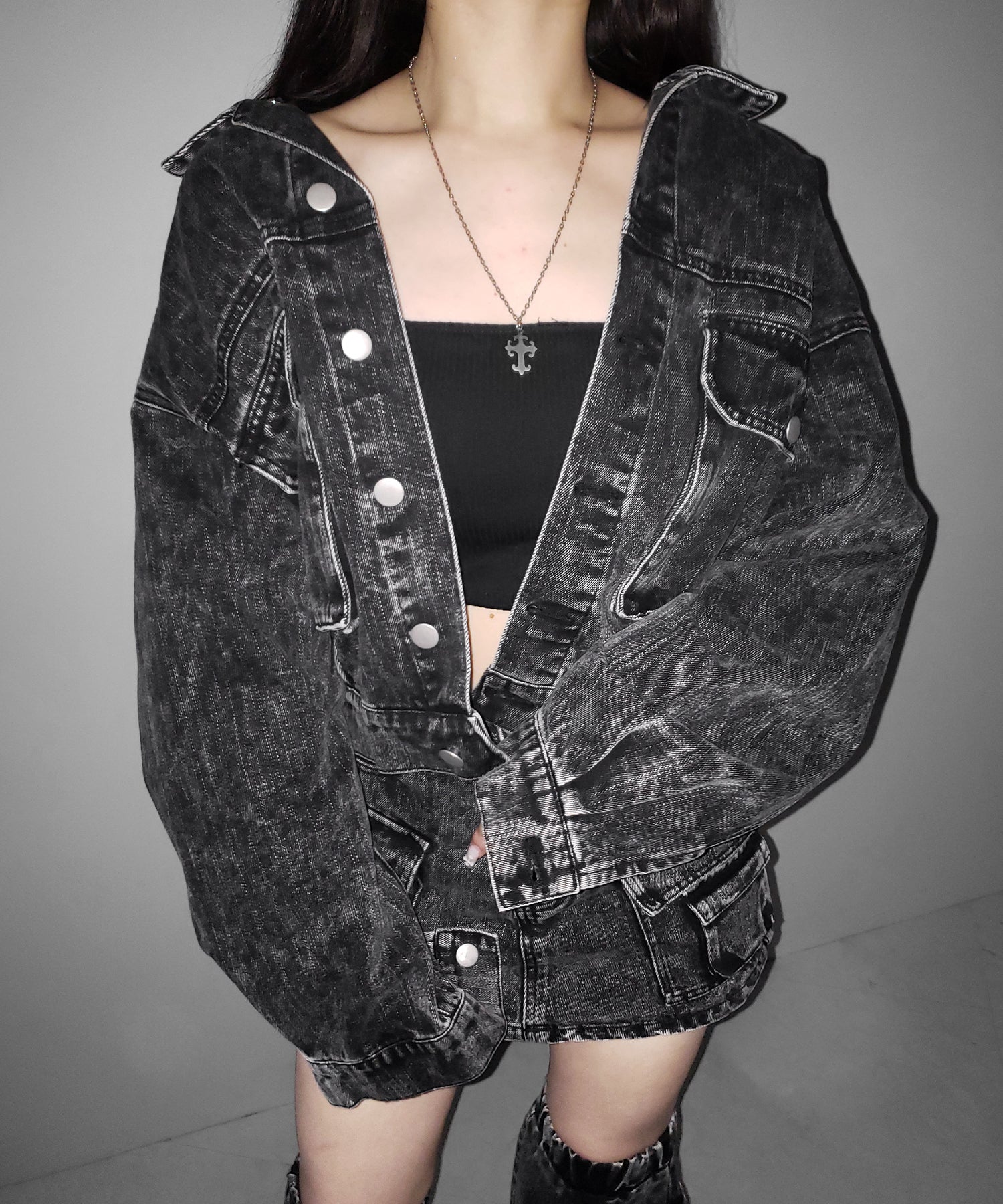 【 デニムセットアップ着用可能 】ヴィンテージケミカルブリーチアウトポケットクロップドデニムジャケット／ vintage chemical bleach outpocket cropped denim jacket