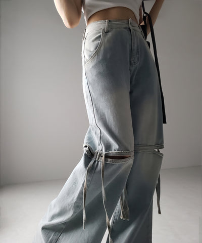 【 ４size ／ ２color 】カットアウトストラップヴィンテージルーズデニム ／ cutout strap vintage loose denim
