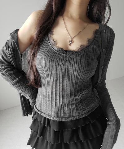 【 ２点セット 】レースニットキャミソール ＋ シアーニットカーディガン SET ／ lace knit camisole + sheer knit cardigan SET