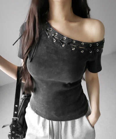 ヴィンテージカットアウトレースアップ半袖ワンショルリブトップス ／ vintage cutout laceup short sleeve one shoulder lib tops