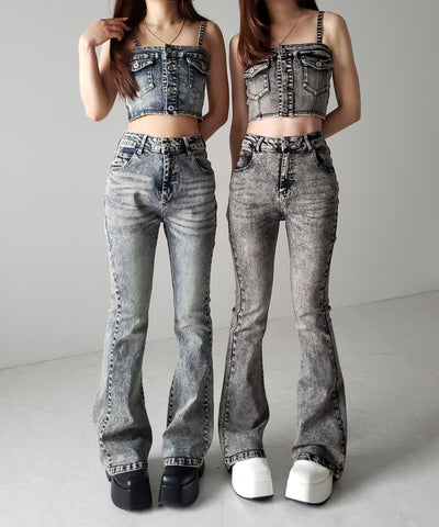 【 セットアップ 】ヴィンテージライクデニムビスチェ ＋ ストレッチフレアデニム SET ／ 【 SET UP 】 vintage like denim bustier + stretch flare denim