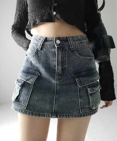 【 ３size ／ ２color 】ダブルポケットヴィンテージカーゴデニムミニスカパン ／ double pocket vintage cargo denim mini skirt pants