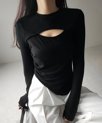 【 ３color 】カットアウトサイドシャーリングアシンメトリートップス ／ cut-out side shirring asymmetry tops