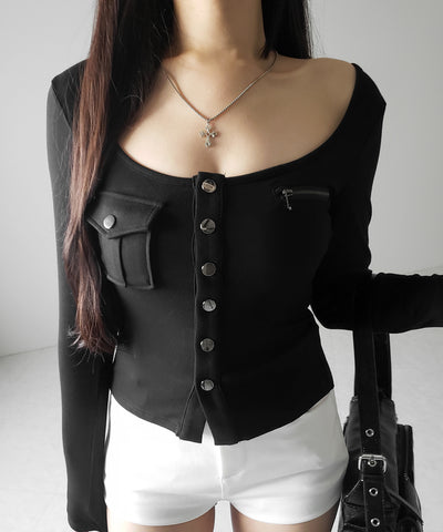 アウトポケットスクエアネック長袖スリムTシャツ ／Out pocket square neck long sleeve slim T-shirt