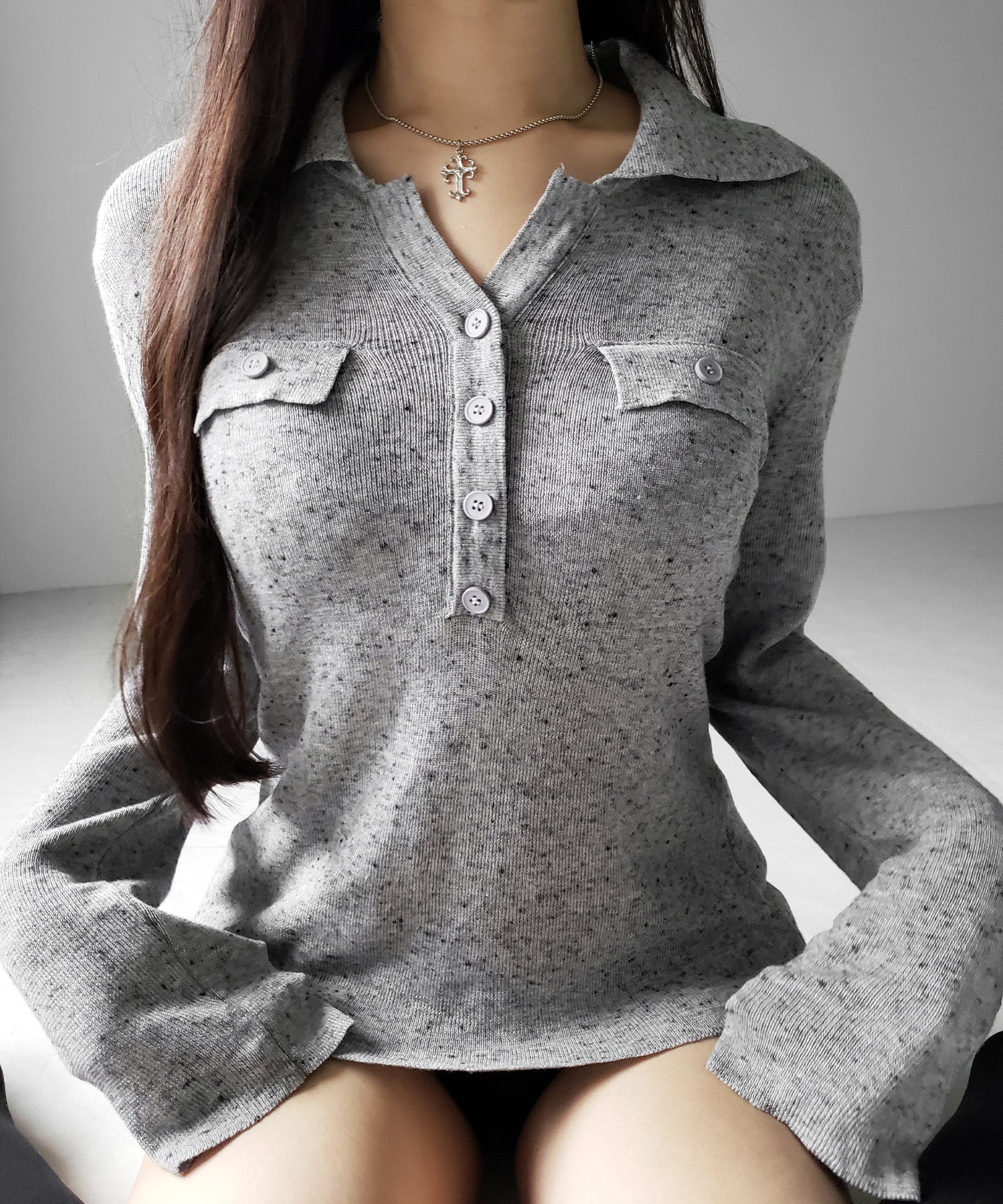 スキッパーボタン長袖ロングニットトップス ／ skipper button long sleeve long sheer knit tops
