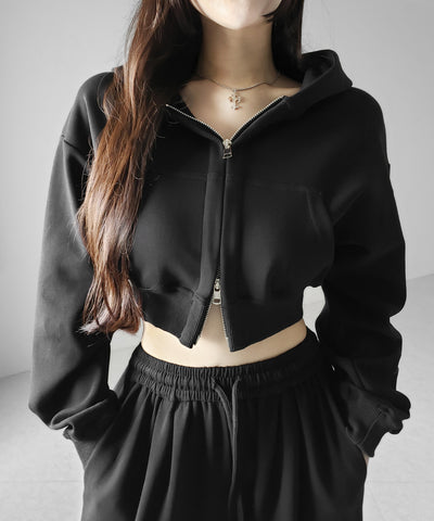 【 セットアップ 】ダブルジップショートパーカー ＋ タックワイドスウェットパンツ SET ／ double zip short hoodie + tuck wide sweat pants SET