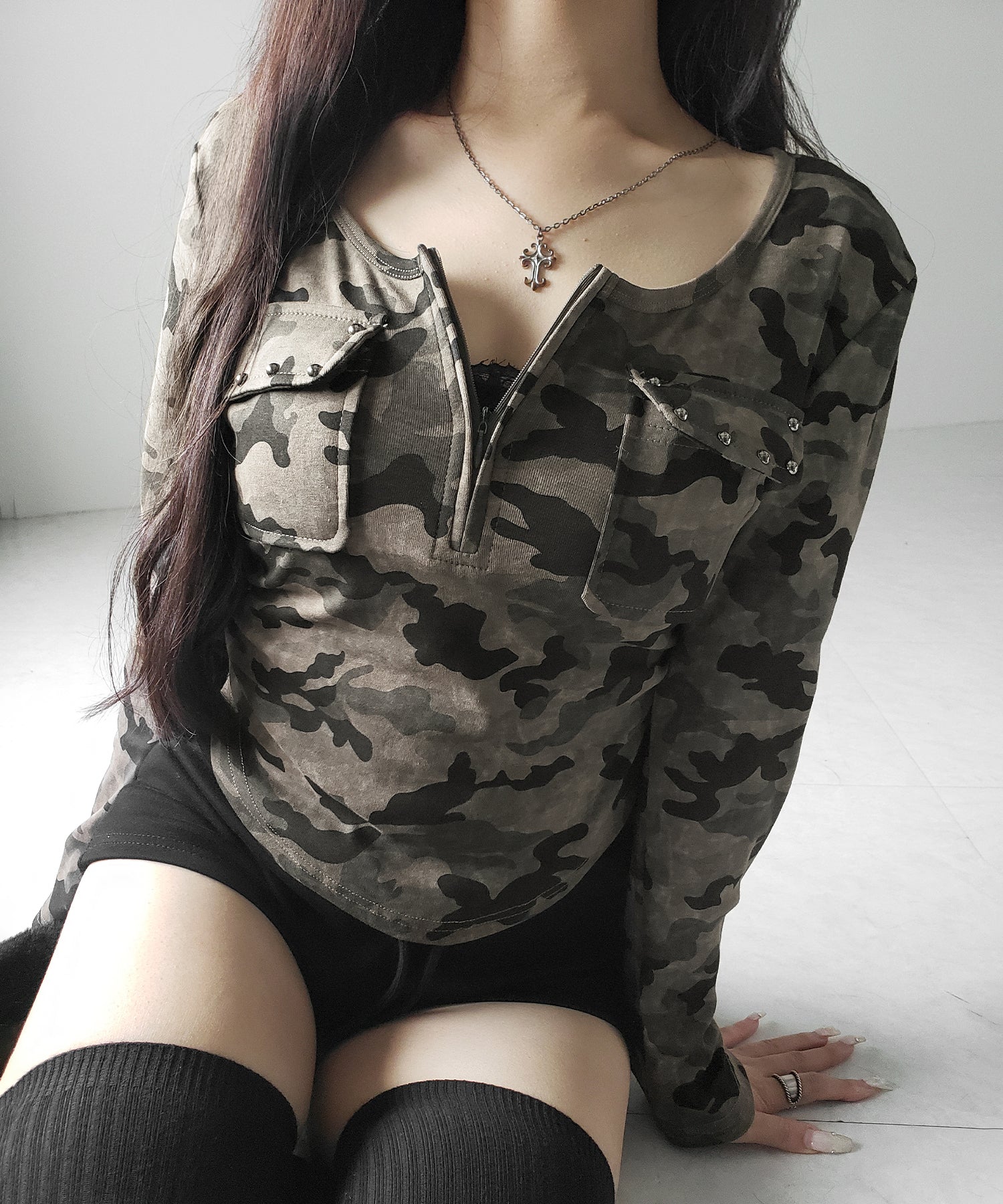 ヴィンテージカモフラアウトポケットジップロンT ／ vintage camouflage out pocket zip longsleeve T-shirt