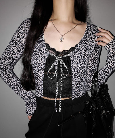 レオパードフロントリボンショートカーディガン ／ Leopard front ribbon short cardigan