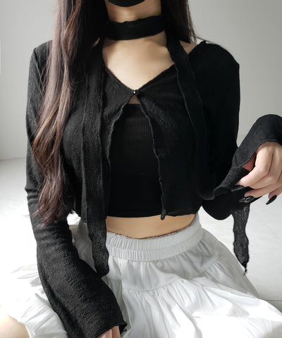 【 ２color ／ ２WAY 】チョーカーロングタイ付きショートシアーカーディガン ／ choker long tie set short sheer cardigan