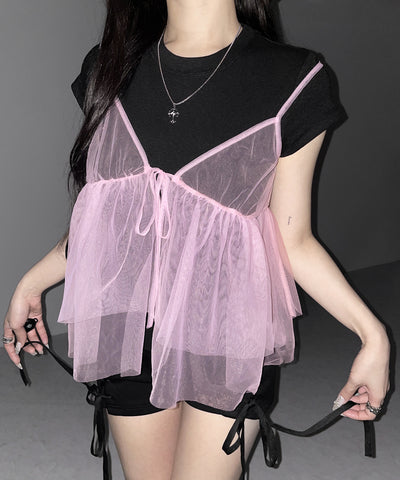 フロントリボンチュールキャミソール ／ front ribbon tulle camisole