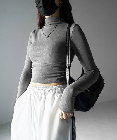 【 カップ付き ／ 裏起毛 】プチハイネックシャーリングショートカットソートップス