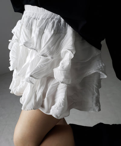 【 インパン裏地付 】３段クリンクルシアーフリルボリュームミニスカート ／ crinkle sheer frill volume mini skirt