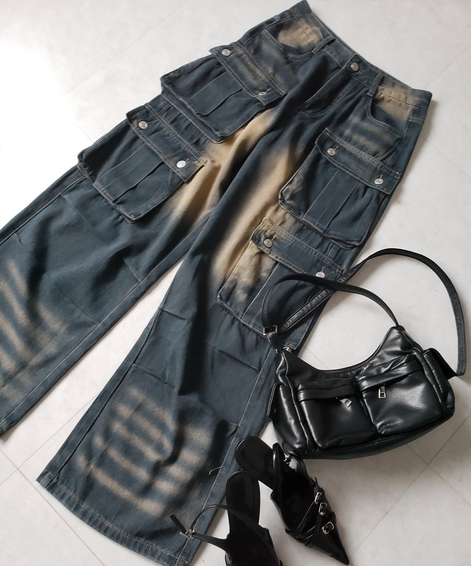 【 ３color ／４size 】オーバーダイグラデーションヴィンテージワイドカーゴデニム ／ overdyed gradation vintage wide cargo denim