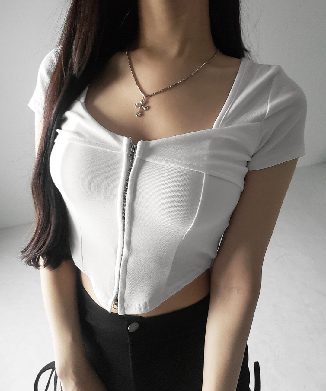 【 ２color 】ダブルジップコルセットスクエアネックＴシャツ ／ double zip corset square neck T-Shirt