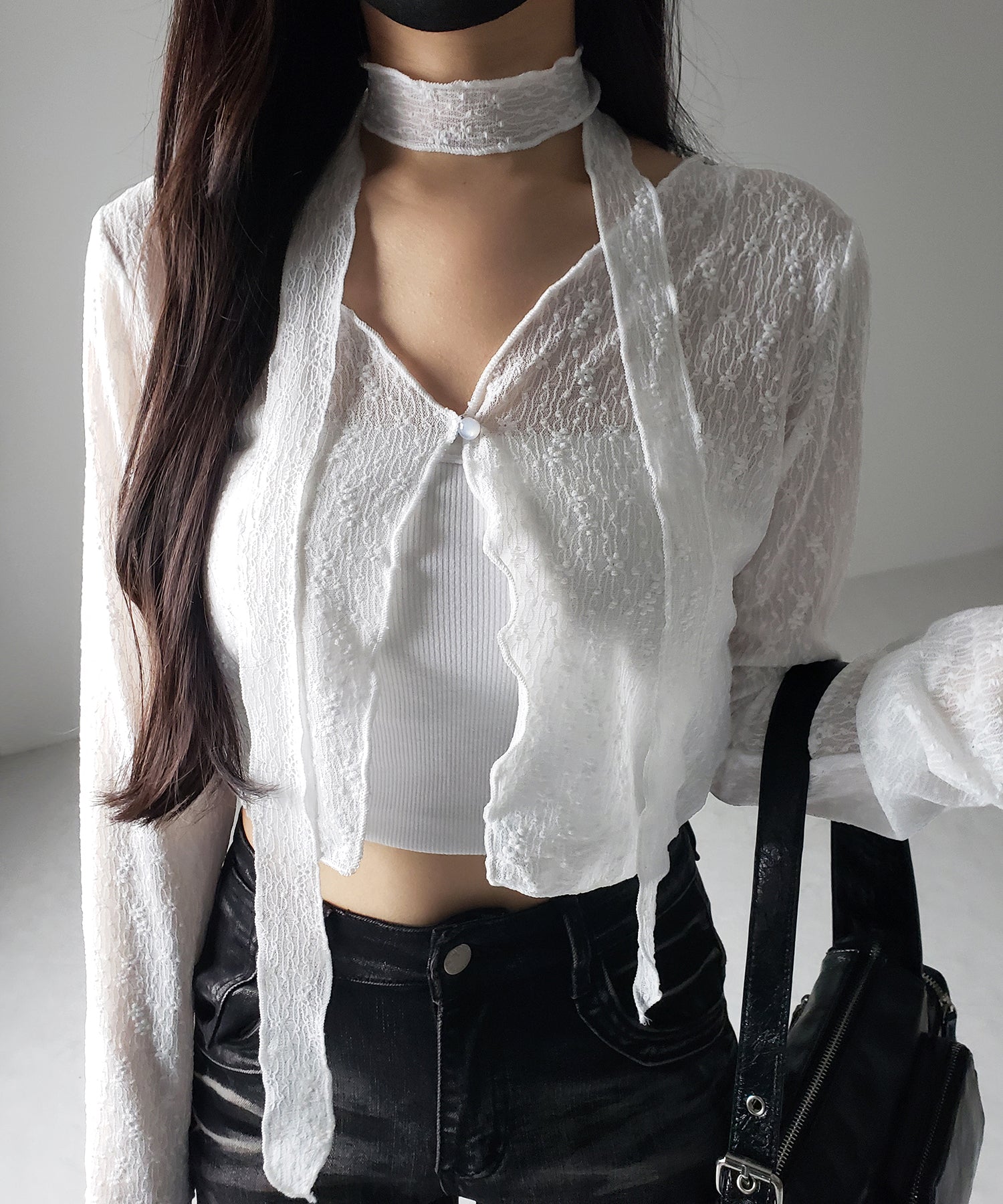 【 ２color ／ ２WAY 】チョーカーロングタイ付きショートシアーカーディガン ／ choker long tie set short sheer cardigan