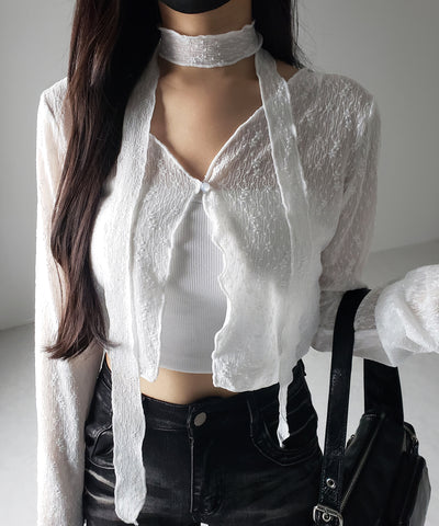 【 ２color ／ ２WAY 】チョーカーロングタイ付きショートシアーカーディガン ／ choker long tie set short sheer cardigan