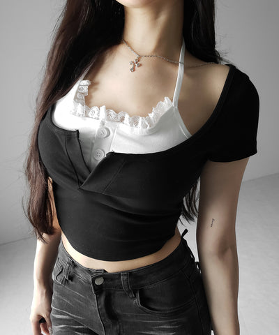 レースレイヤードドッキングスクエアネックＴシャツ ／ Lace layered docking square neck T-shirt