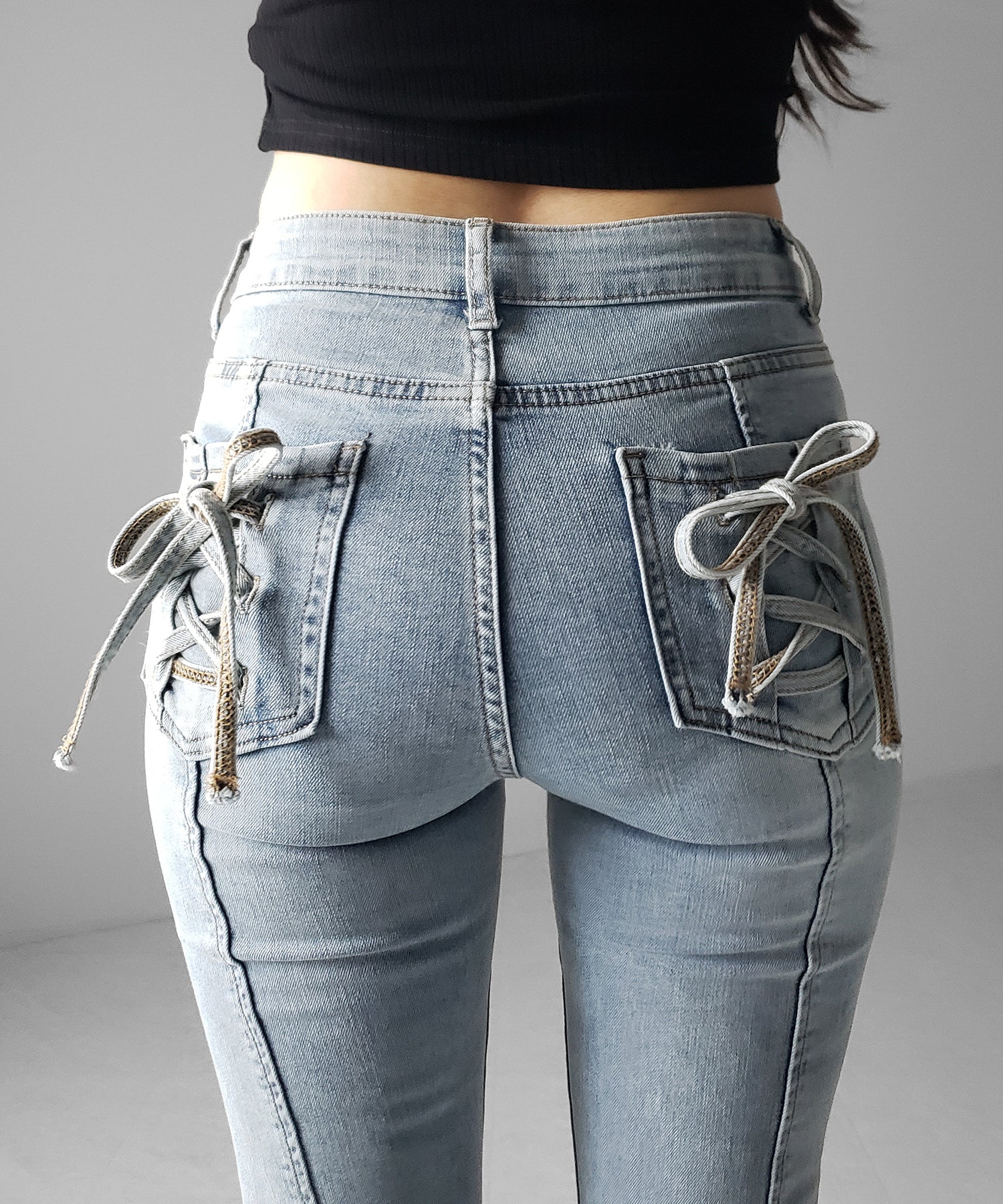 【４size 】バックリボンレースアップ美脚ストレッチフレアデニム ／ back ribbon lace up slim leg stretch flare denim