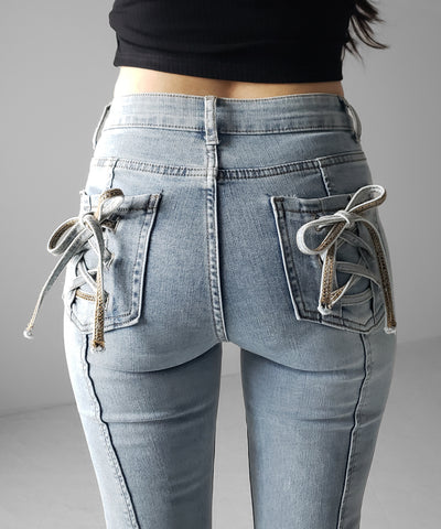 【４size 】バックリボンレースアップ美脚ストレッチフレアデニム ／ back ribbon lace up slim leg stretch flare denim