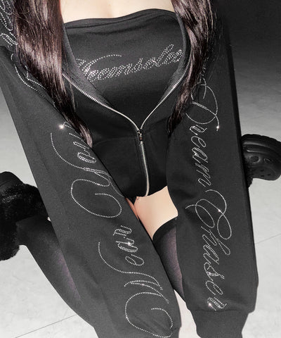 【 セットアップ可能 】ラインストーンロゴダブルジップパーカー ／ Rhine stone logo double zip hoodie