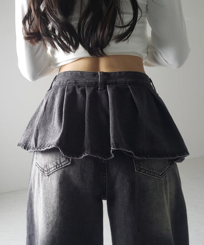 【 ２color ／ ４size 】フリルドッキングレイヤードヴィンテージワイドデニム ／ frll docking layered vintage wide denim