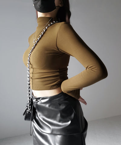 【 カップ付き ／ 裏起毛 】プチハイネックシャーリングショートカットソートップス