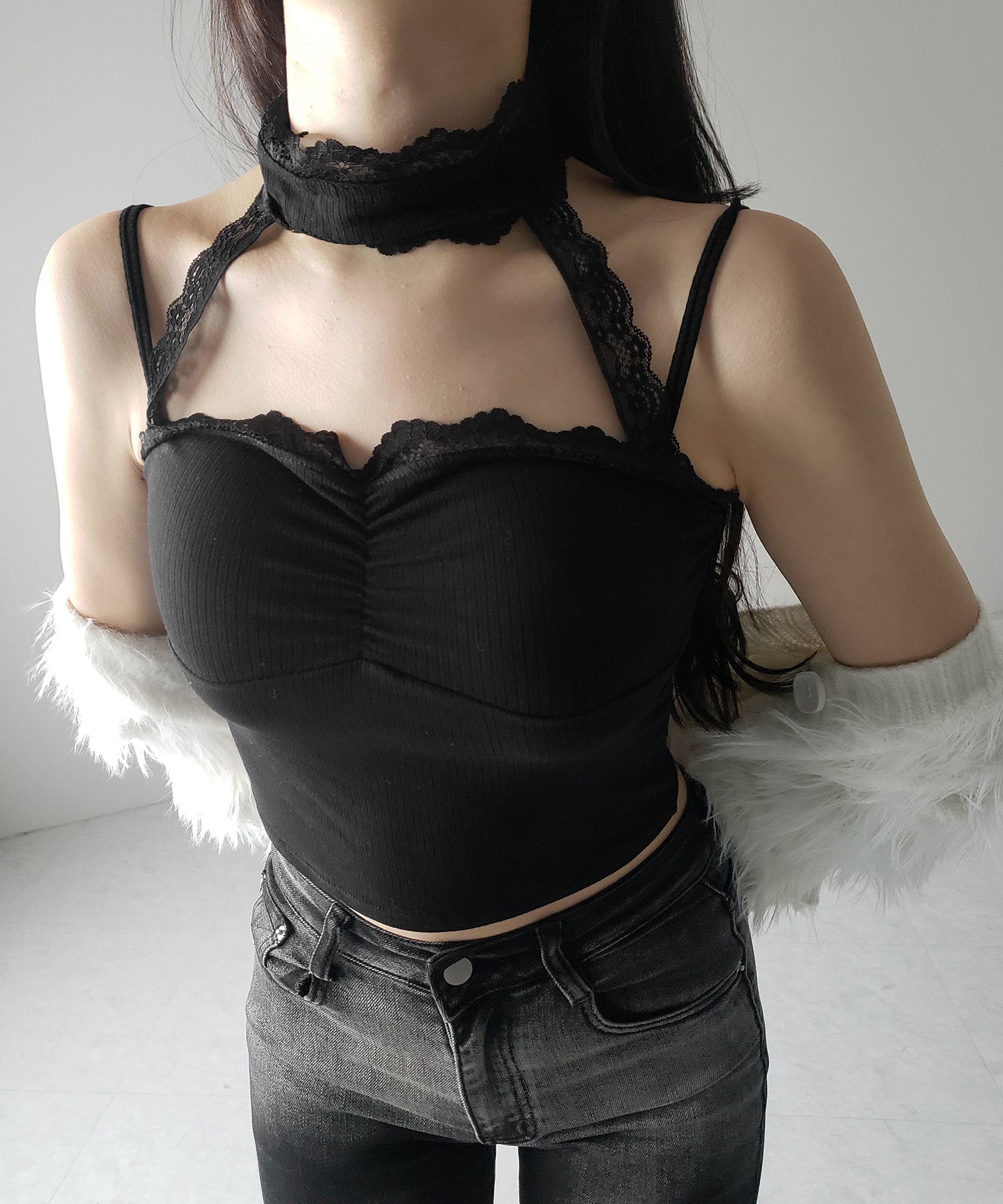 【 ２color ／ カップ付 】レースチョーカーストラップリブキャミソール ／ lace choker strap lib camisole
