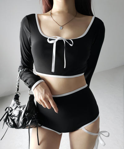 【 レディース水着／２点セット 】フロントリボンモノトーンハイウエストビキニ ／ front ribbon monotone high waist bikini