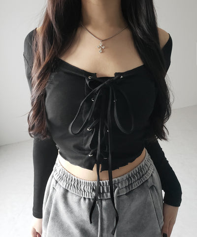 【 ３color 】レースアップフロントリボンショートスリムトップス ／ lace up front ribbon short slim tops
