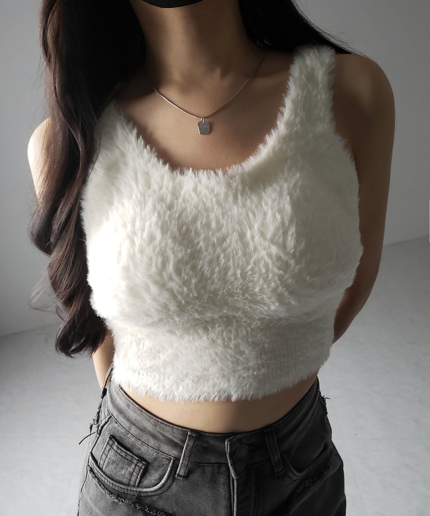 【 ３color ／ カップ付き 】フラッフィーシャギーショートタンクビスチェ ／ fluffy sharry knit short tanktop bustier