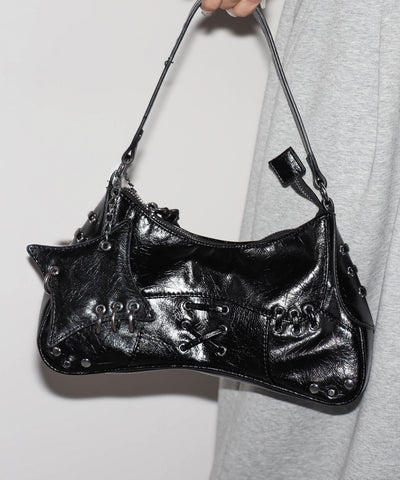 【 ショルダーストラップ付 】ピアッシングレースアップショルダーバッグ ／ piercing lace-up vintage shoulder bag