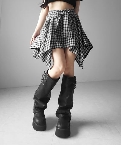 【 選べる２素材／インナーパンツ裏地付 】シャツレイヤードチェックミニスカート ／ shirt layered check mini skirt