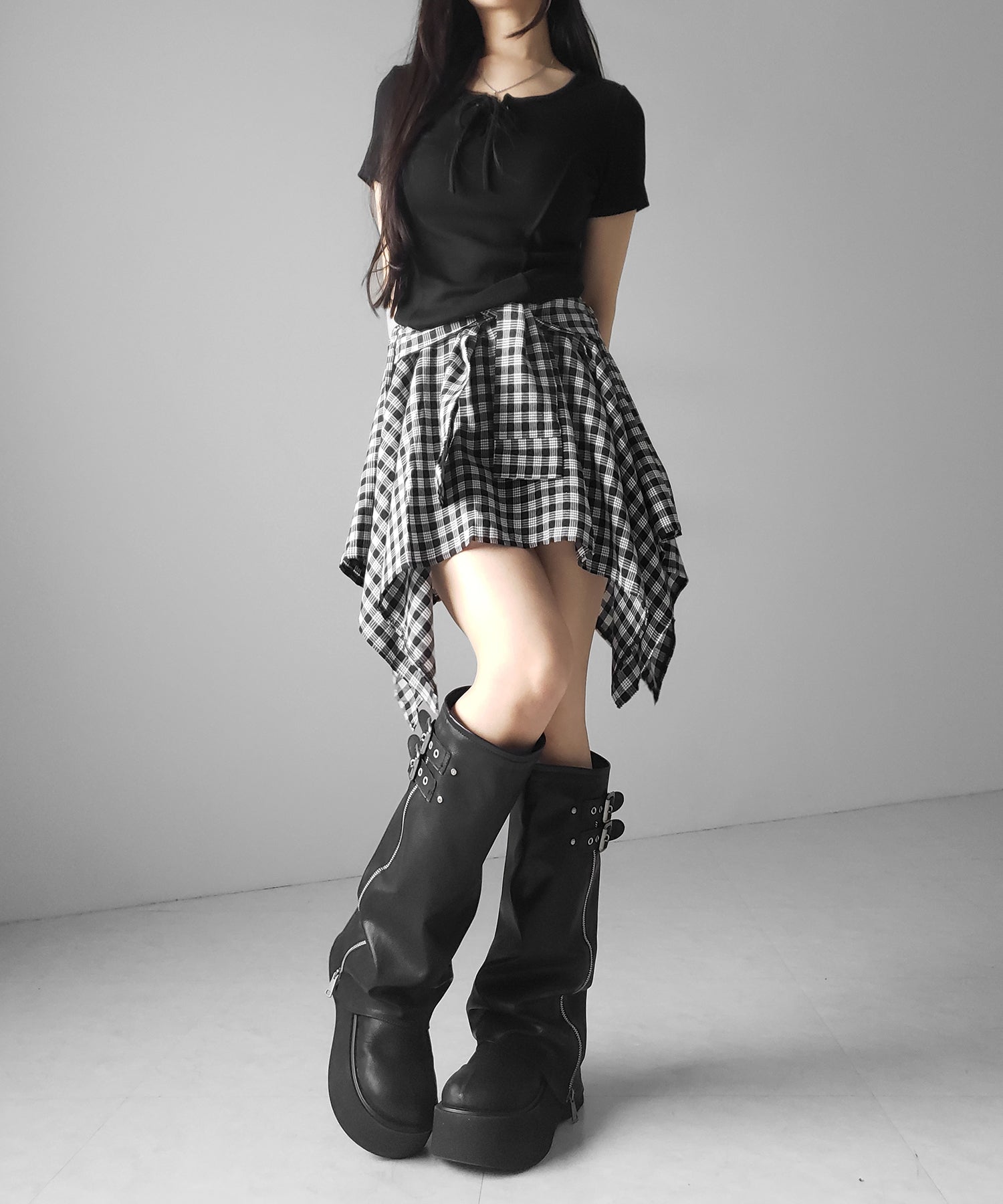 【 選べる２素材／インナーパンツ裏地付 】シャツレイヤードチェックミニスカート ／ shirt layered check mini skirt