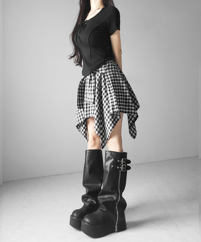【 選べる２素材／インナーパンツ裏地付 】シャツレイヤードチェックミニスカート ／ shirt layered check mini skirt