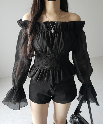 【 ２color ／ ２WAY 】ウエストシャーリングシアーフリルオフショルブラウス ／ waist shirring sheer frill off shoulder blouse