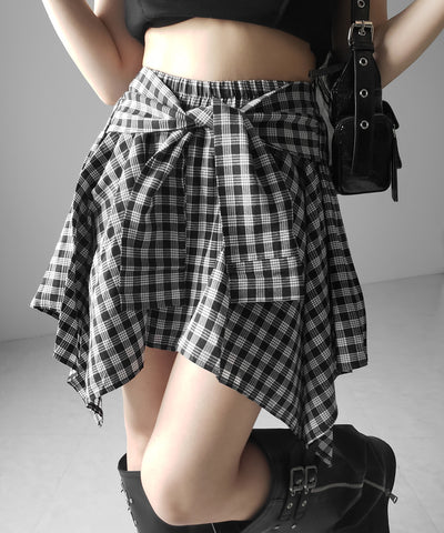 【 選べる２素材／インナーパンツ裏地付 】シャツレイヤードチェックミニスカート ／ shirt layered check mini skirt
